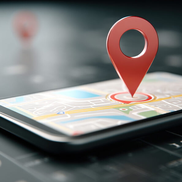 Smartphone with map application displaying floating location pin marker in augmented reality concept